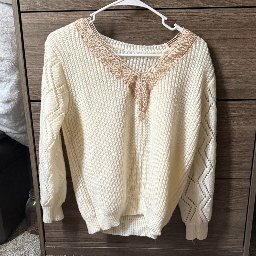 SHEIN Cream V-Neck Sweater with Lace Accent